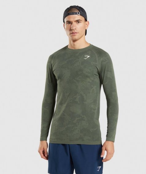 Koszulki Gymshark Geo Seamless Long Sleeve Męskie Oliwkowe | PL 849XJV